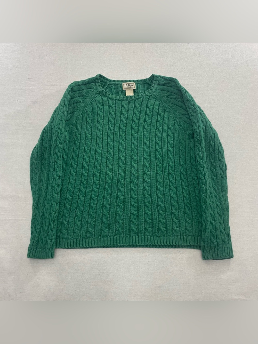LL Bean Sweater Medium Reg Green 100% Cotton Cable Knit 0 BUG6 Cottagecore